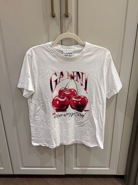 Ganni White Tee with Red Cherry Graphic